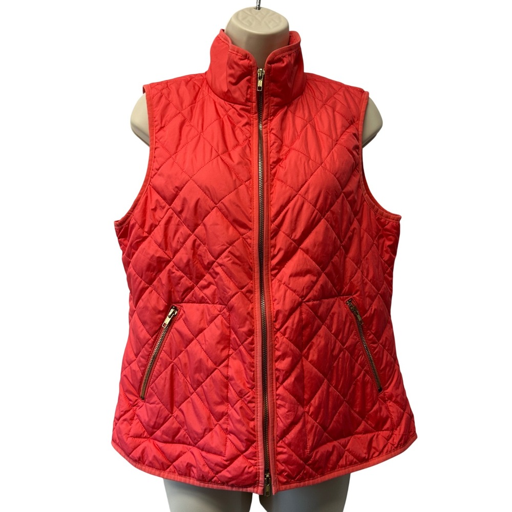 Old Navy Womens Quilted Vest Coral Orange Diamond Stitch Full Zip Pockets Medium
